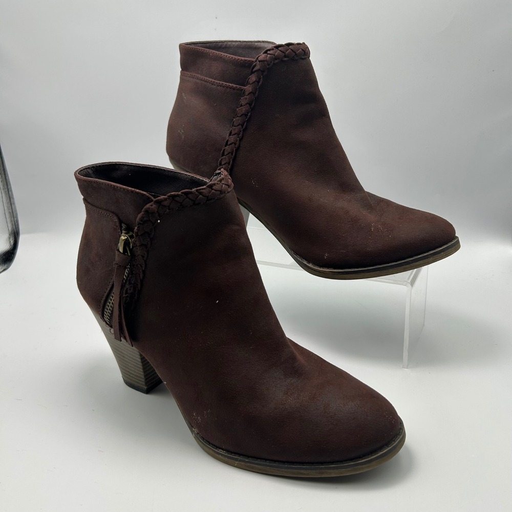 MIA Ankle Boots Women 8 Brown Braided Trim Faux Suede Block Heel Boho Western
